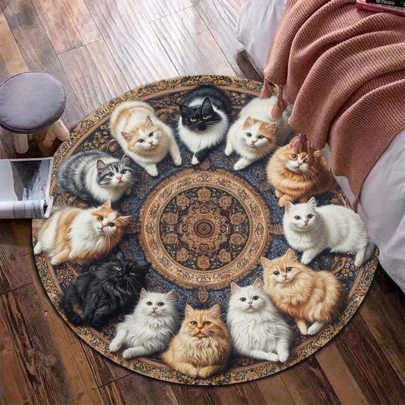 VIKAMA  Charming Kitten-Motif Vintage Round Rug Living Room, Study, Office Chair Round Mat Stylish Home Decor Rug