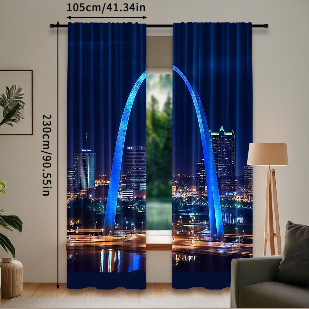 2Pcs The Arch In The City Of St Louis Night Skylines Curtain For Living Room Bedroom And Many Other Occasions