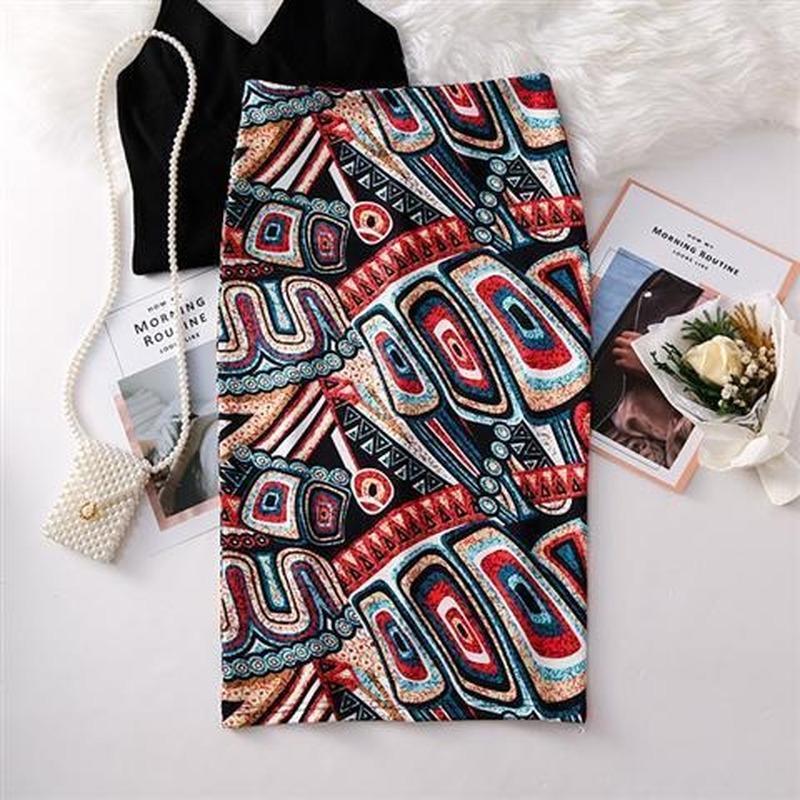 Summer Print Elegant Pencil Skirt Women  High Waist Knee Length Skirt Female