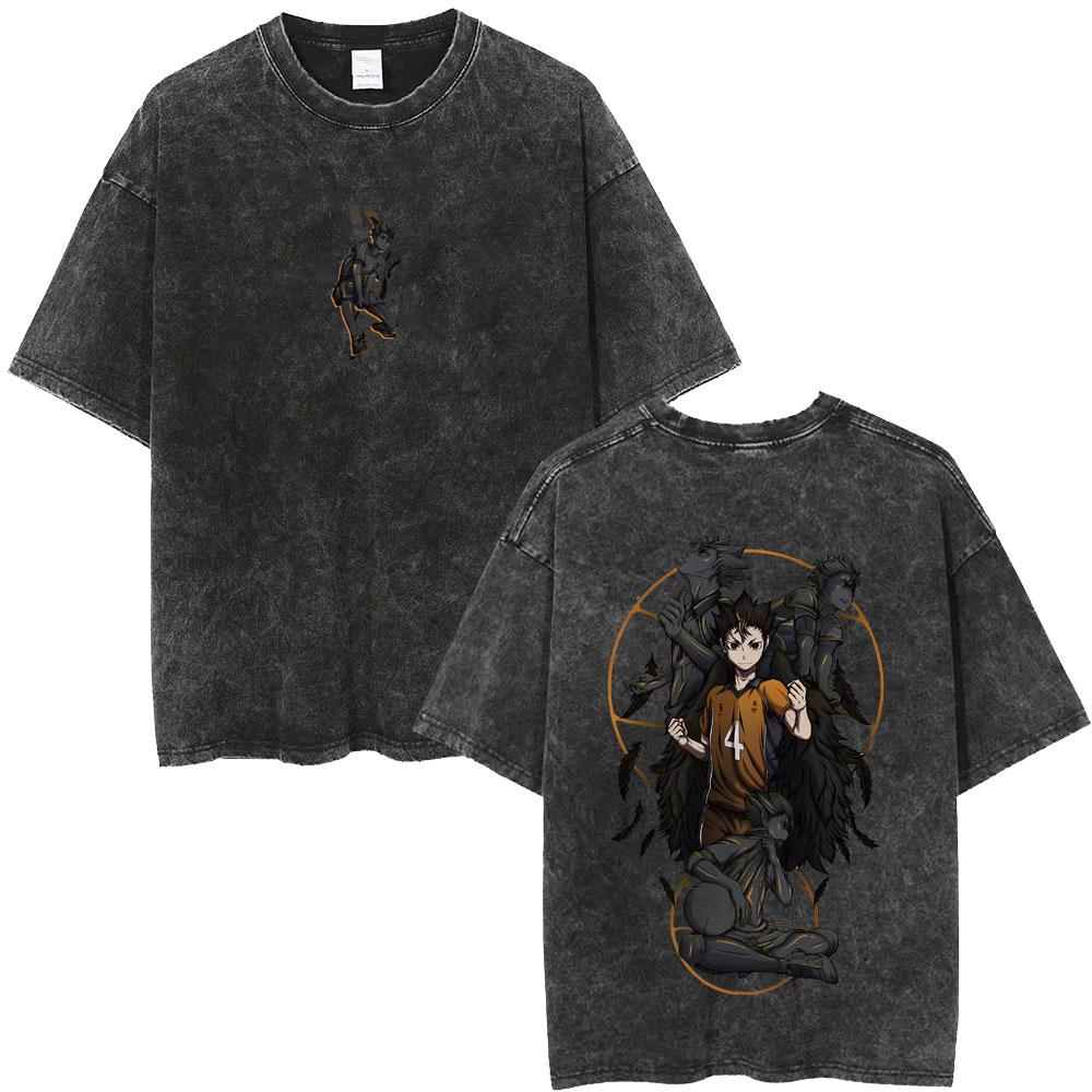Gewaschenes Vintage Anime Haikyuu KARASUNO Merch T-Shirt Herren Cartoon Manga Oversized T-Shirt Herren Sommer Lässige Kurzarm-T-Shirts