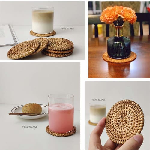 Homehalo Ata Coasters, Round, Set of 6, Waterproof, with Storage Case, Non-Slip, Insulated Tea Pads for Tea, Alcohol, and Coffee, Handmade Natural Coa