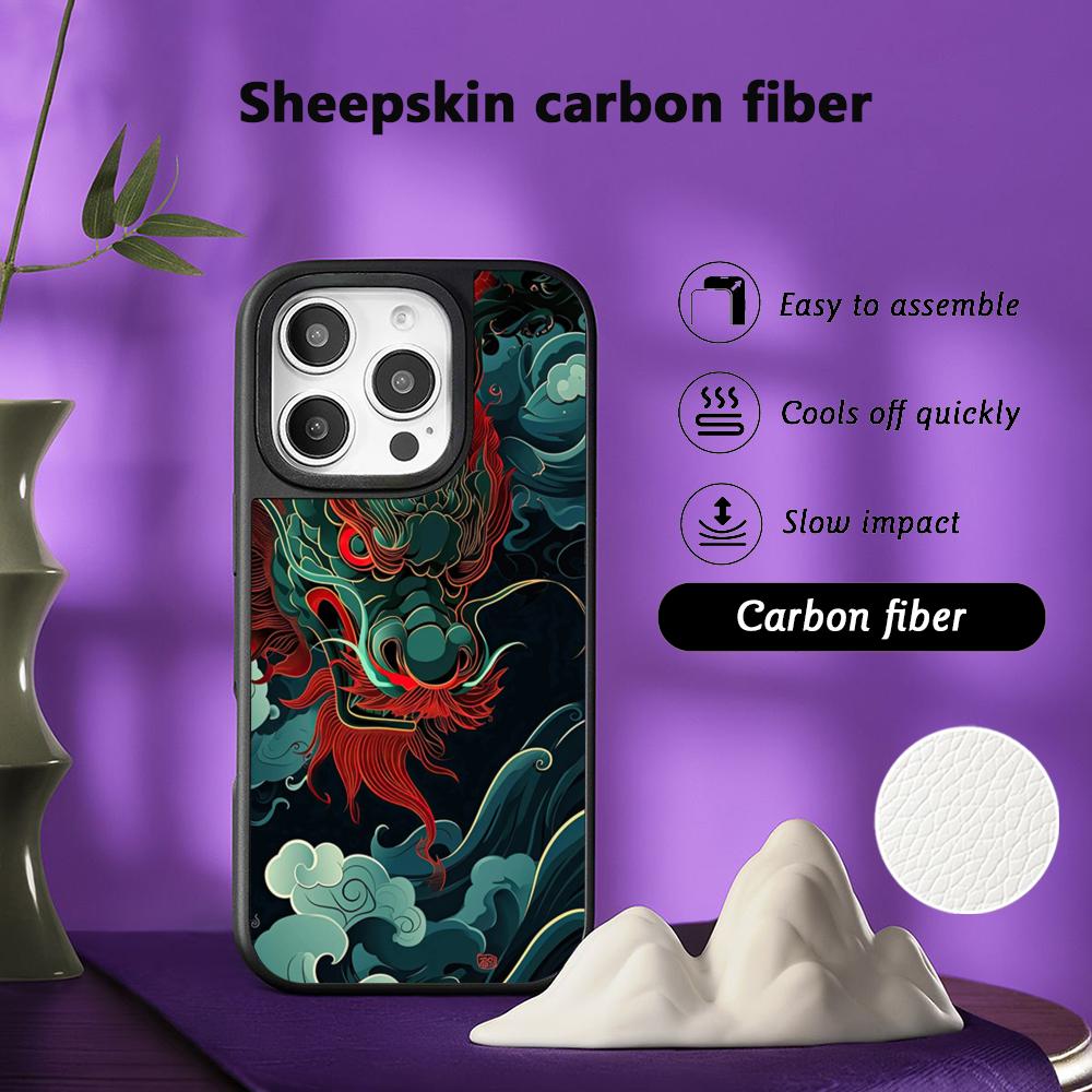 Japanese Dragon Super Cool Painting Phone Case for iPhone 17 16 E 15 14 13 12 Pro Max Sheepskin Silver-edged Protective Case