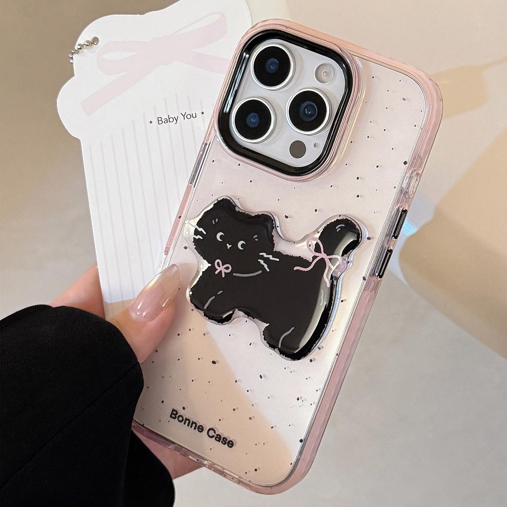Black Pink Cartoon Suitable for IPhone 15 Apple 16pro Mobile Phone Case Max Three Dimensional Cat 1311 Sweet Cool 14