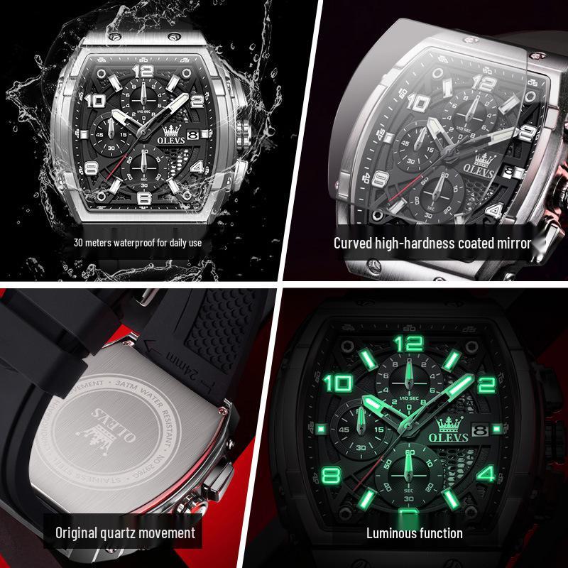 Reloj de Cuarzo Impermeable Multifunción con Forma de Barril para Hombre Oulishi