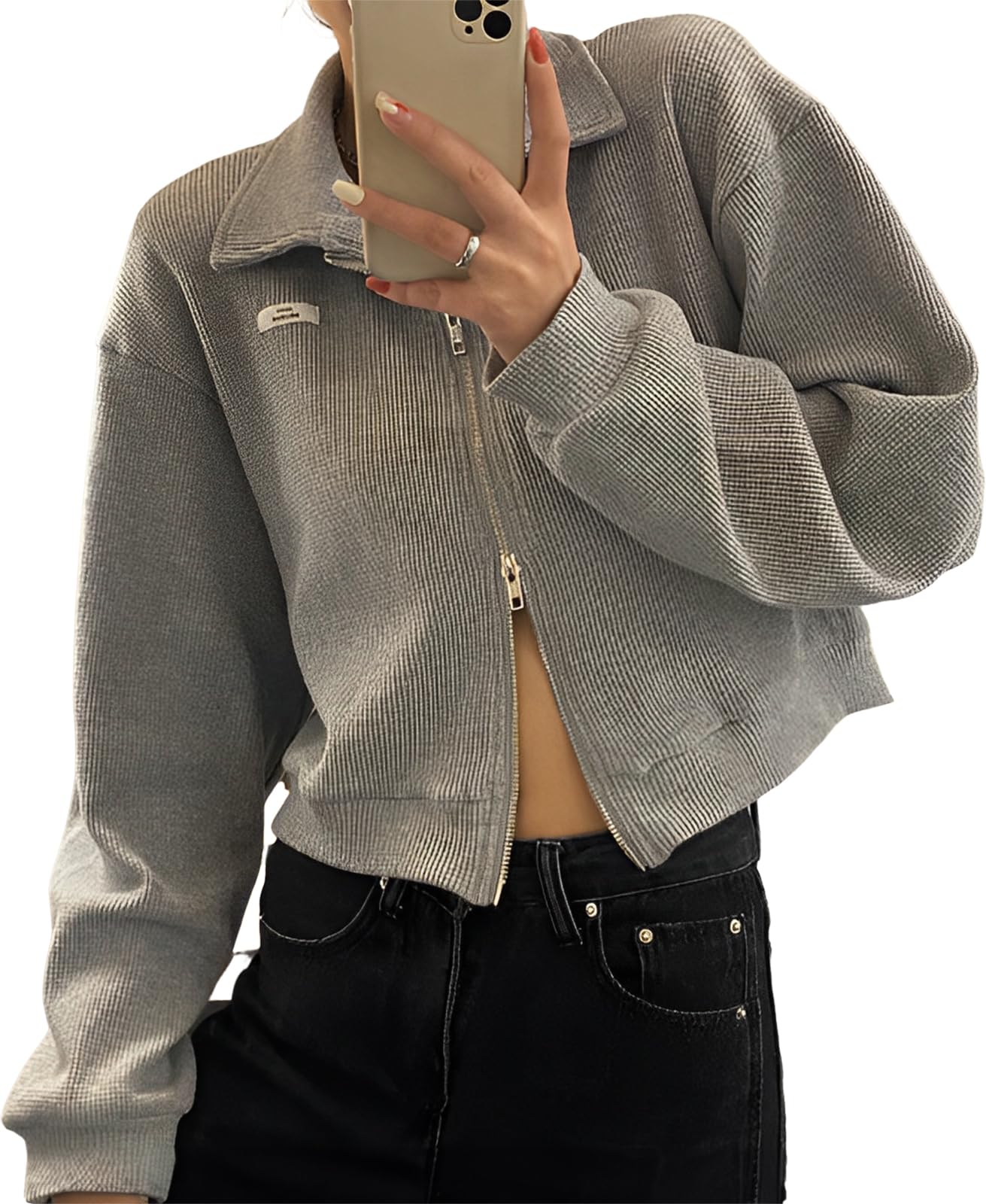 

hoodie with for spring and for for casual hoodie [Tunatch] Short-length collar, thermal, double-zip jacket, loose-fitting, thin, autumn, women, dance, серый