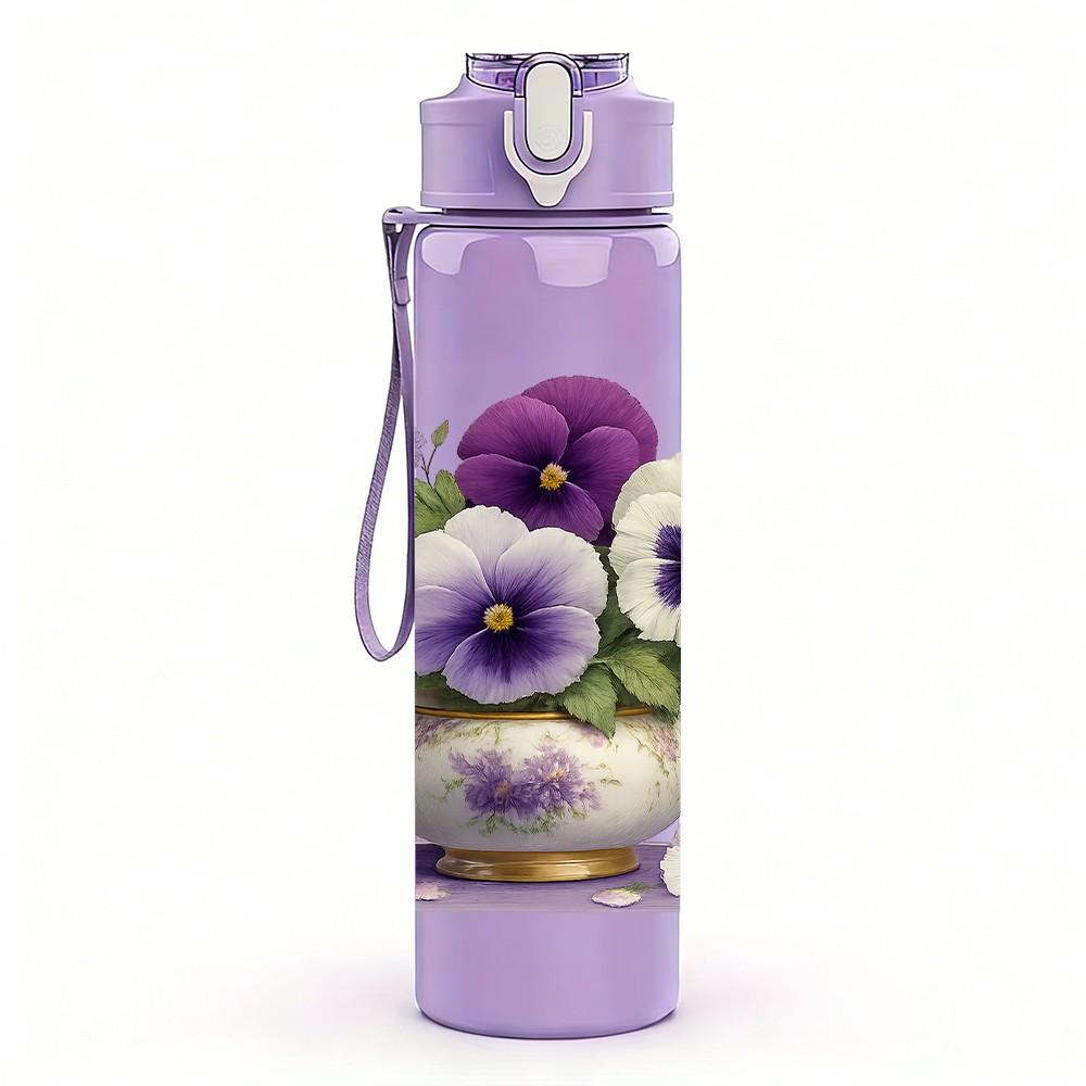 1PC Purple Pansy Flower Vase 750ml Color Plastic Sports Water Bottle Leakproof Flip Straw Lid For Sports Office Home Use