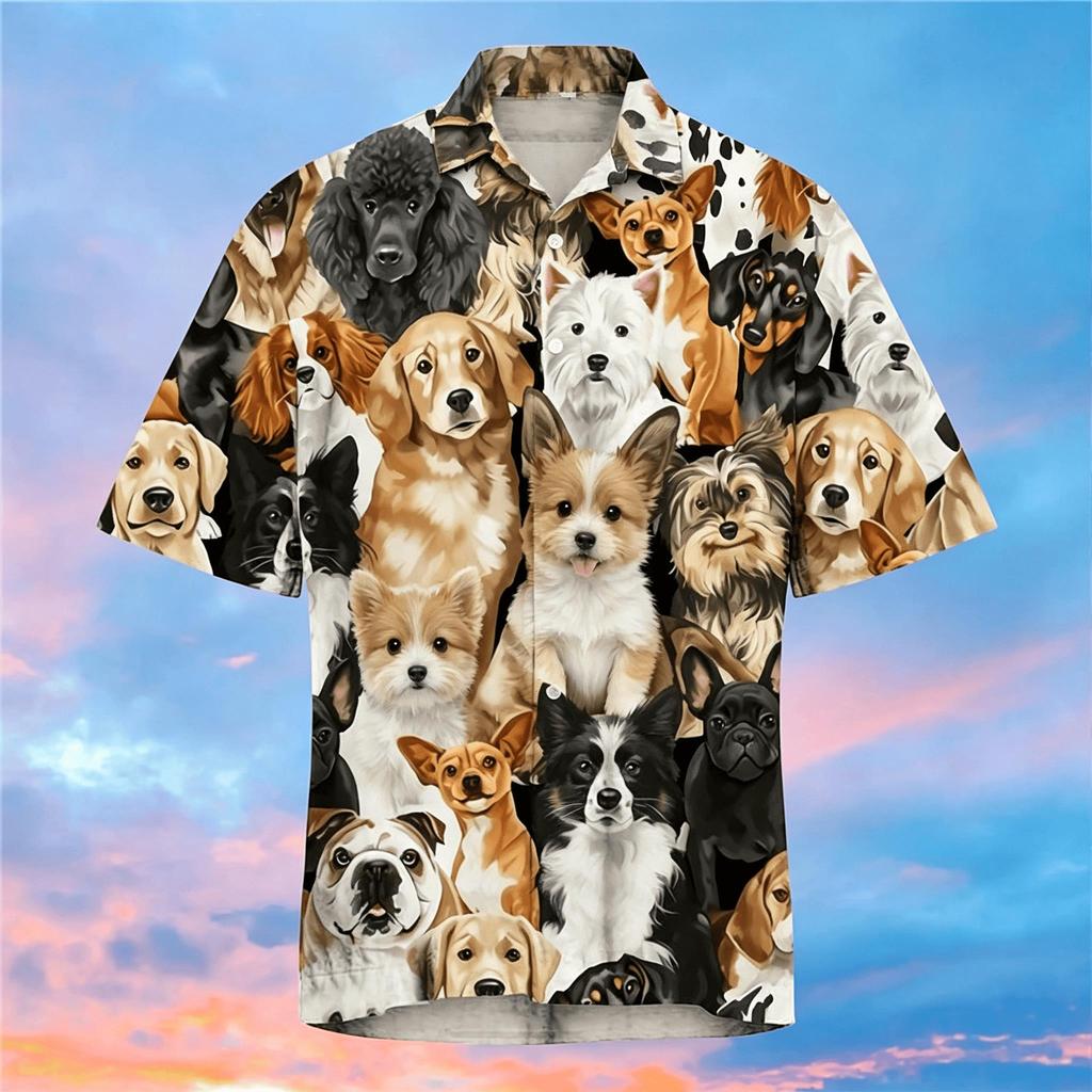Men's Cute Dog Breed Print Short Sleeve Shirt, Casual Hawaiian Button Up Shirt for Spring & Summer