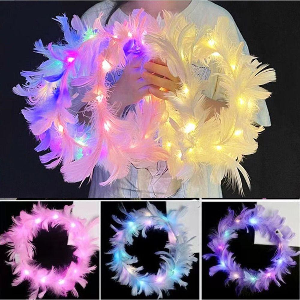 Christmas White Feather Luminous Garland New Year Women Hairband LED Feather Headband Party