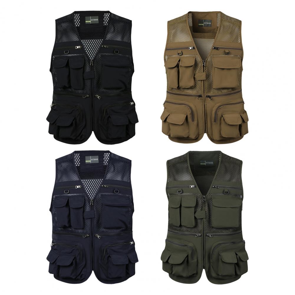 Men Cargo Waistcoat V-neck Sleeveless Zipper Placket Vest Coat Solid Color Mesh Stitching Multi Pockets Fishing Hiking Waistcoat