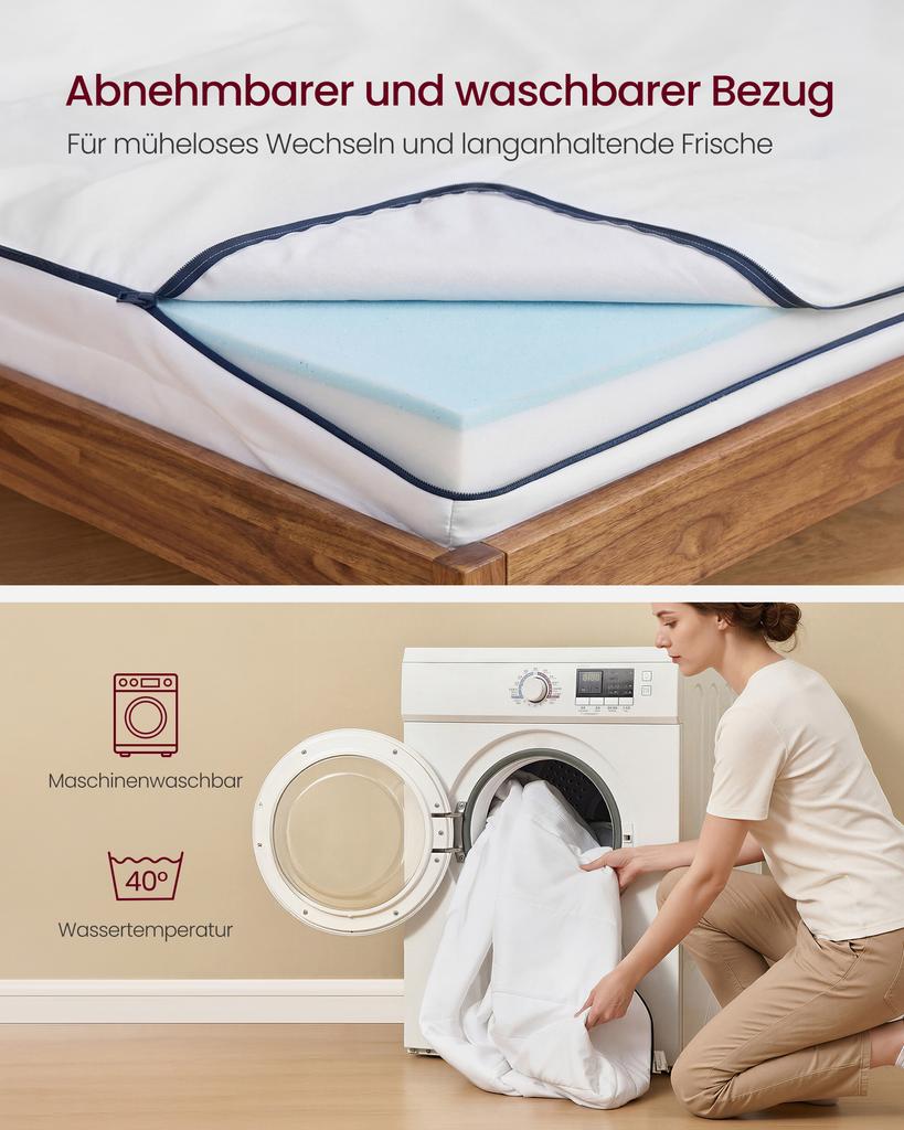 VASAGLE Mattress, 140 X 200 Cm, Double Mattress Made of Gel Memory Foam, Medium Firm, H3, 7-Zone Support, Breathable, Removable