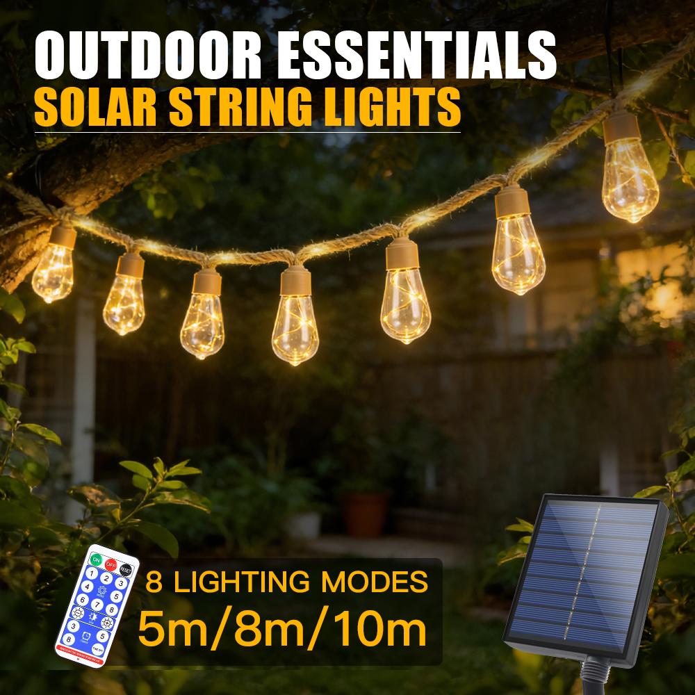 10/8/5m Solar Outdoor Garden Twine String Lights Waterproof Solar LED Patio Lights for Fence Wedding Party Decorative