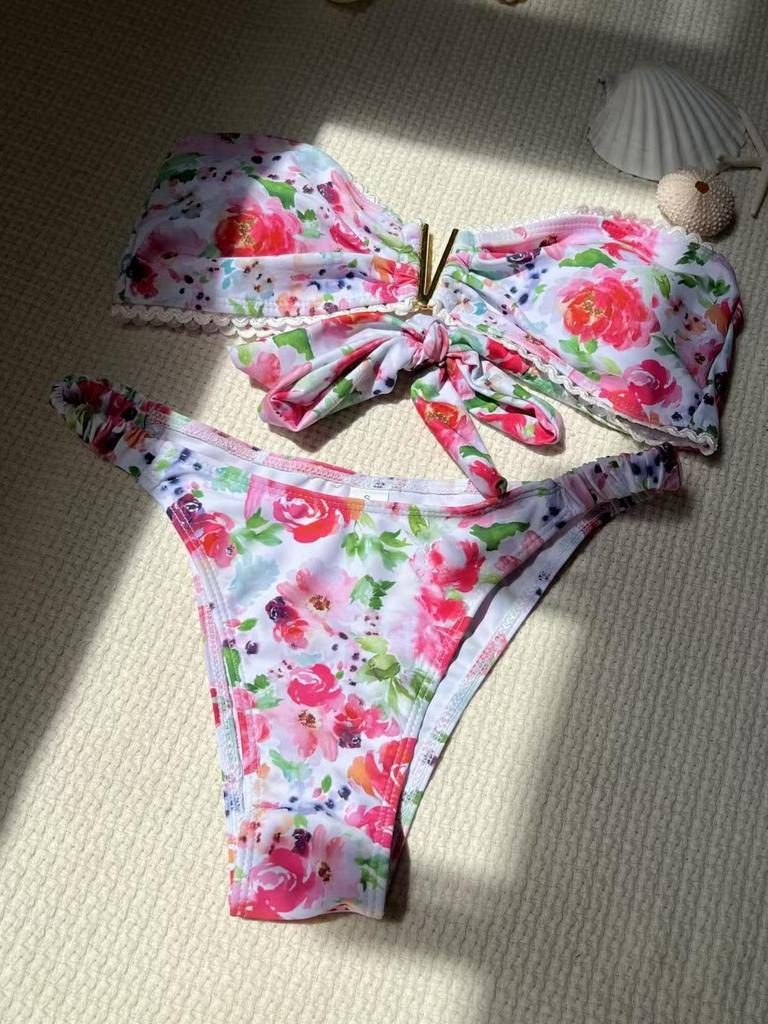 2024 Sexy Floral Lace Bandeau Split Swimsuit Bikini