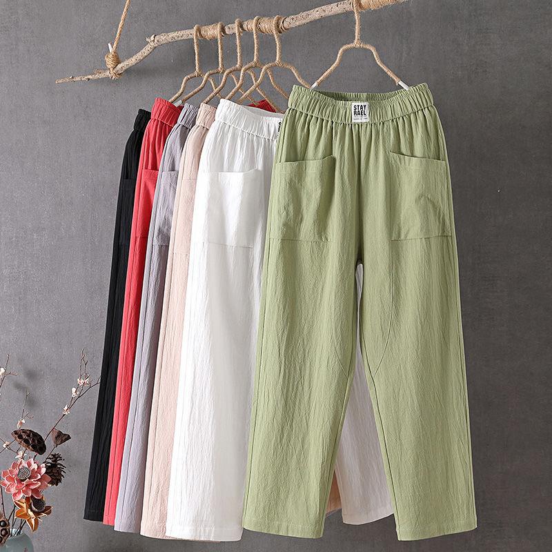 Pantaloni Casual in Cotone e Lino, Pantaloni da Donna, Larghi e Sottili, Pantaloni a Gamba Dritta, Pantaloni Harem Estivi Sottili a Nove Punti