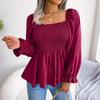 Frauen Frühling Sommer Square Neck Einfarbig Langarm Chiffon Hemd Holz Ohren Tops
