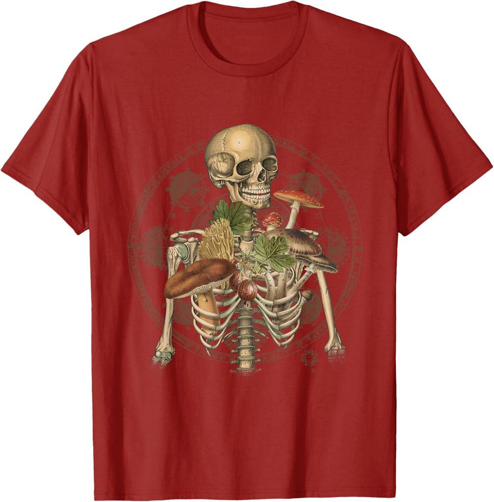 Skeleton With Mushrooms Goblincore Mycologist Fungi Graphic Tee Cotton Casual Trip T-Shirt