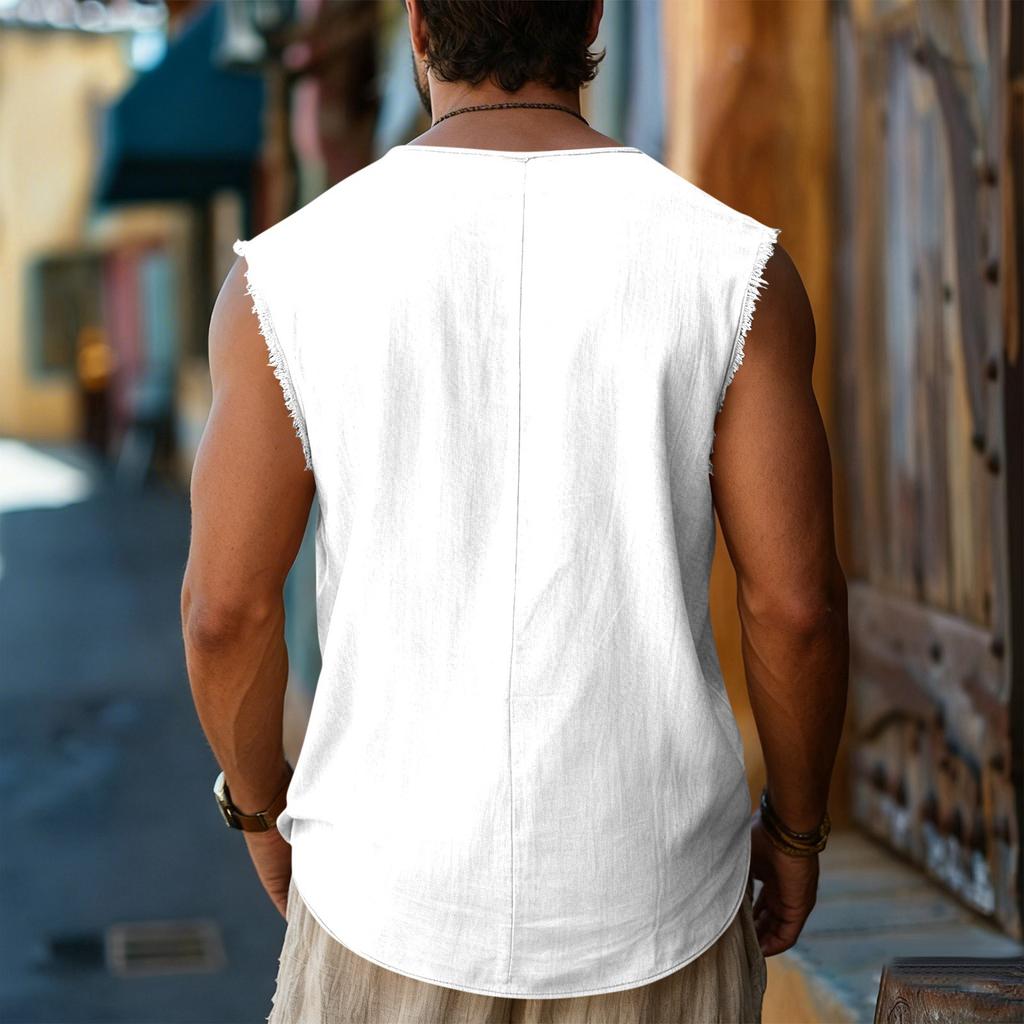Men’s Sleeveless Henley Shirt Casual Loose Fit Linen Top with Armholes and Button Placket for Summer Daily Wear