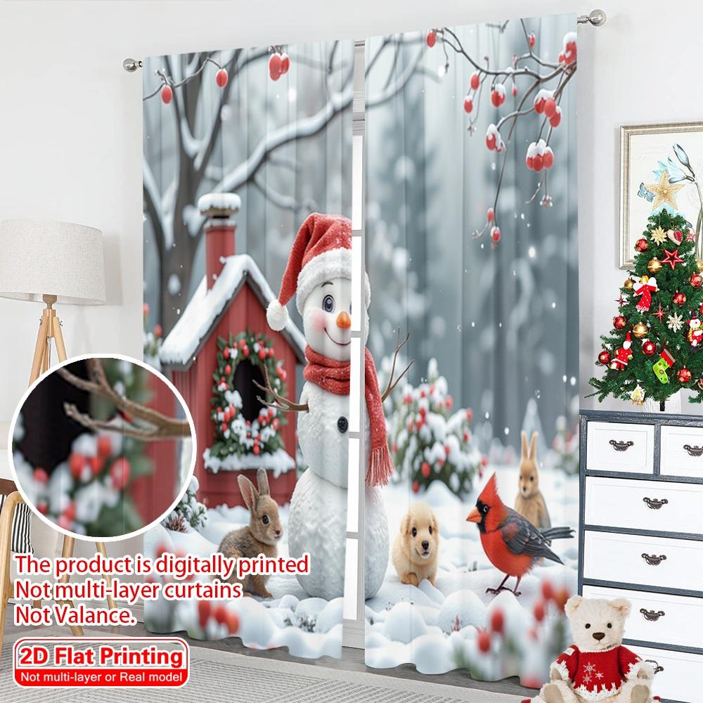 2pcs 2D Flat Printing Merry Christmas Popular Window Drapes Snowman Christmas Forest Animals Holiday Polyester Without