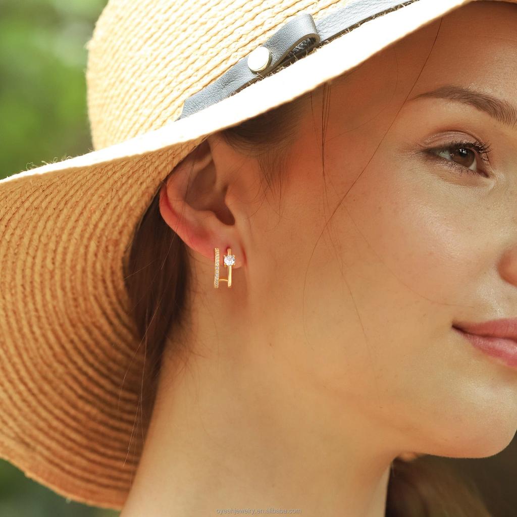 C Shape Zircon Earrings Gold Tone Stud Style Dangle Earrings for Women Hypoallergenic Dainty Fashion Jewelry
