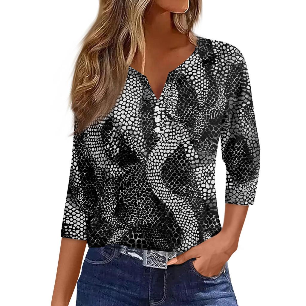 Women's T Shirt Tee Print Button  3/4 SleeveDaily Weekend Fashion Basic V- Neck Regular Top