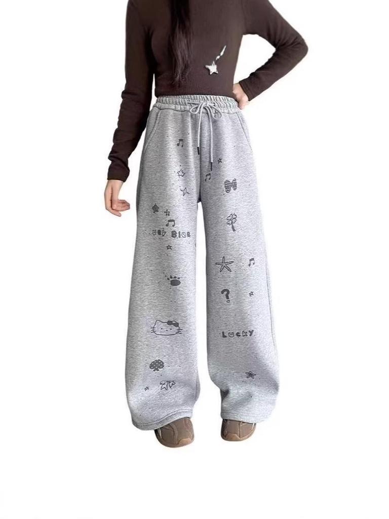 Girls' Black Velvet-Lined Sweatpants - Autumn/Winter 2025 Collection - Straight Leg Style for Older Children and Junior High Students
