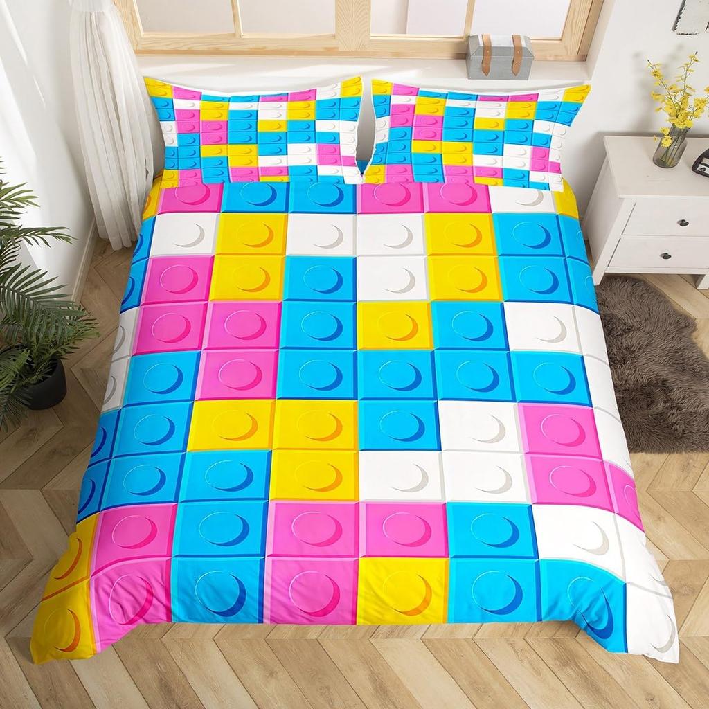 Building Block Duvet Cover Twin King Rainbow Construction Bedding Set Colorful Bricks Comforter Cover For Teen Girls Room Decor