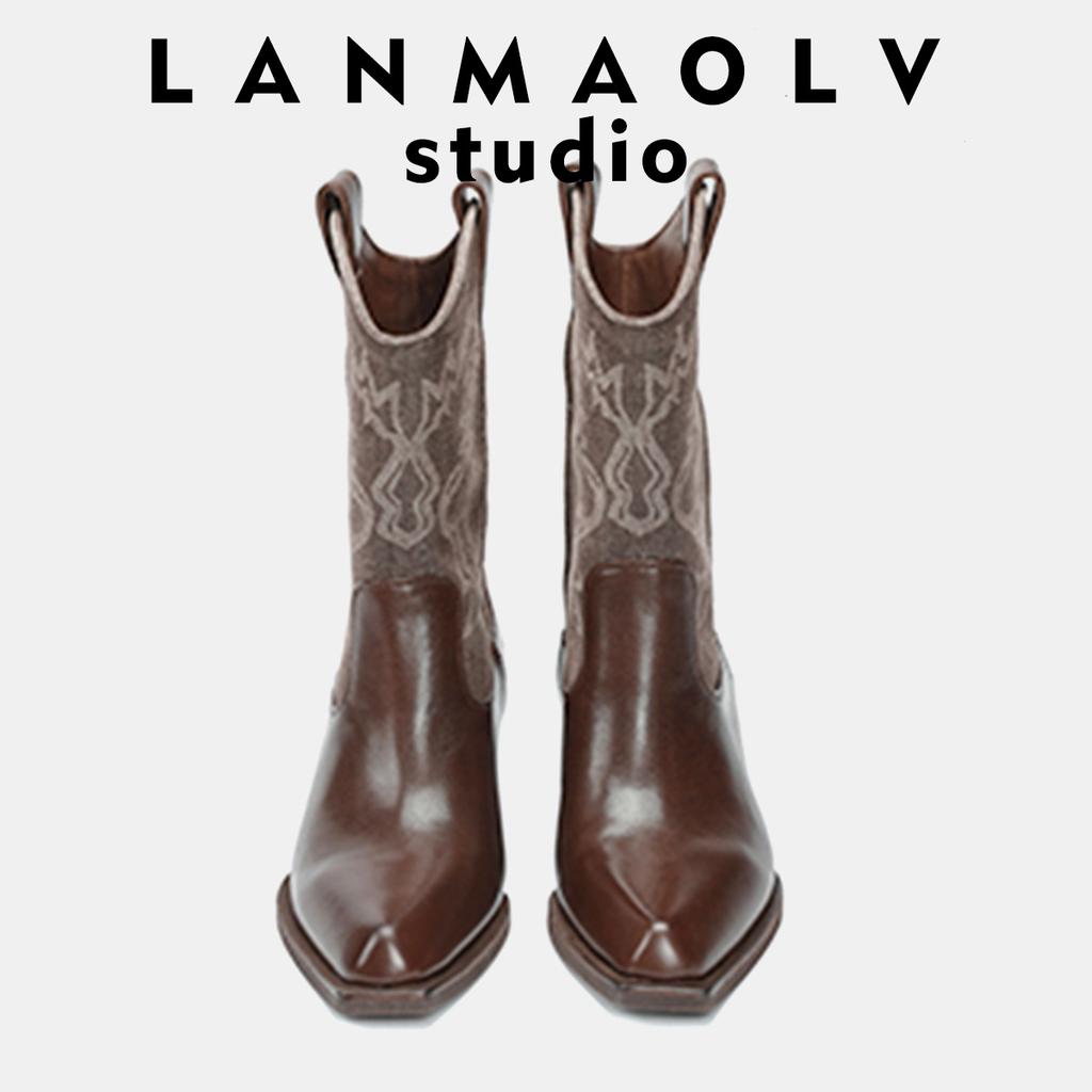 Rindsleder~ Western Kurzstiefel Damen Gewaschen Grober Absatz Cowboy Stiefel Designgefühl High Heel Stiefeletten Sommer Bedruckte Mode Stiefel