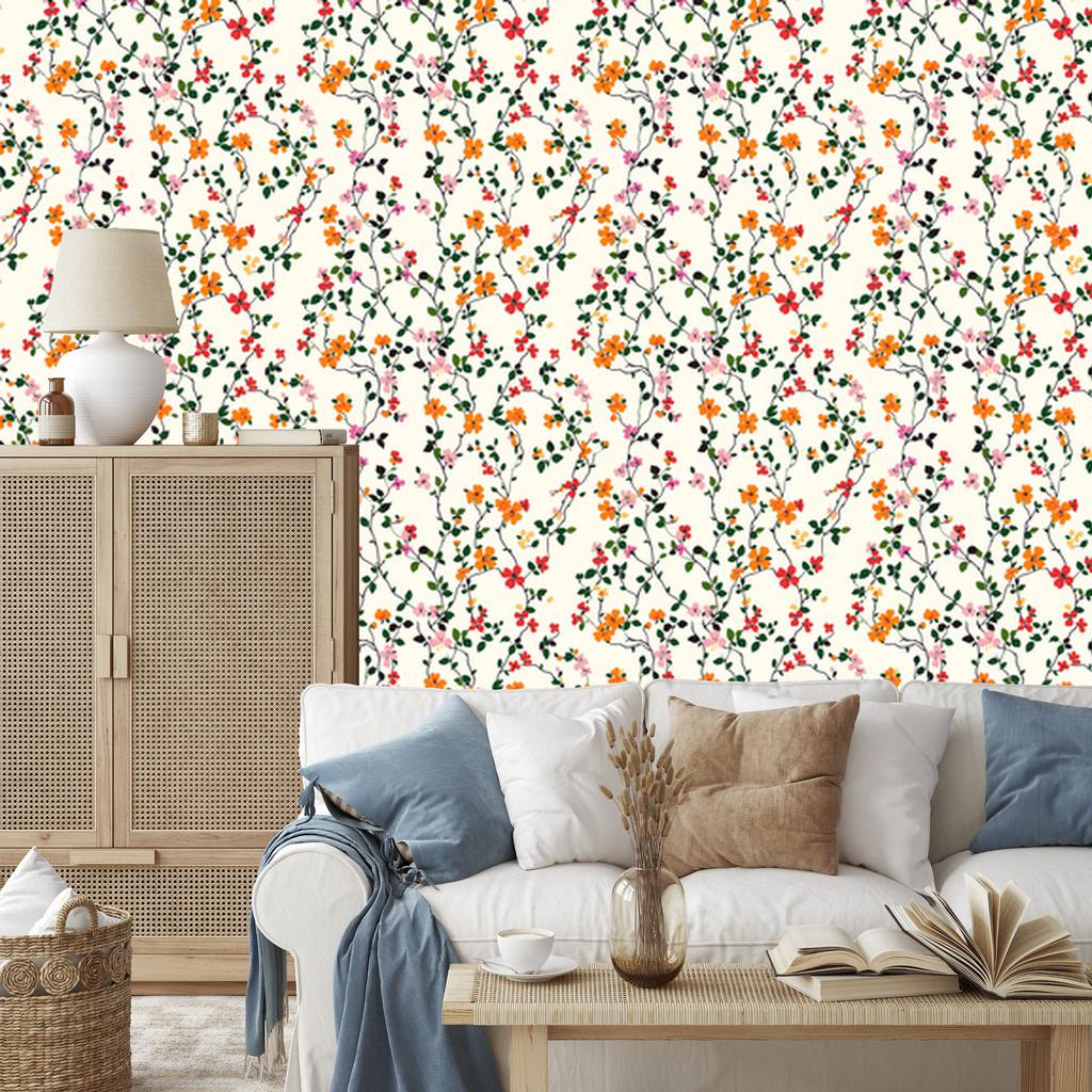 Wallpaper Small Flowers White, Light Gray and Cream 50x1000