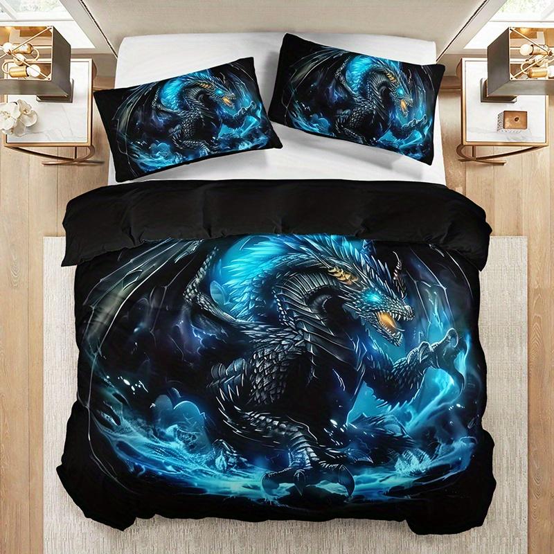 2/3Pcs Cool Blue Flame Black Dragon Duvet Cover Set, HD Print All Season Bedding with Pillowcases for Home Dorm Decor