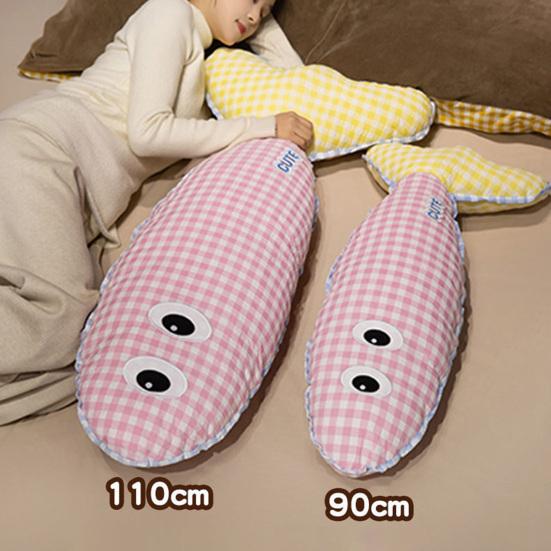 Stuffed Long Fish Pillow Cute Plaid Fish Cuddly Plush Toy Leg Pillow Back Support Headboard Cushion for Side Sleeping Sitting