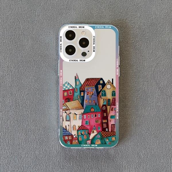 

Cartoon Colourful Painted House Clear Phone Case For iPhone 15 14 13 12 11 Pro Max 7 8 Plus SE2 X XR XS Transparent Cover Fundas iphone12 pro max