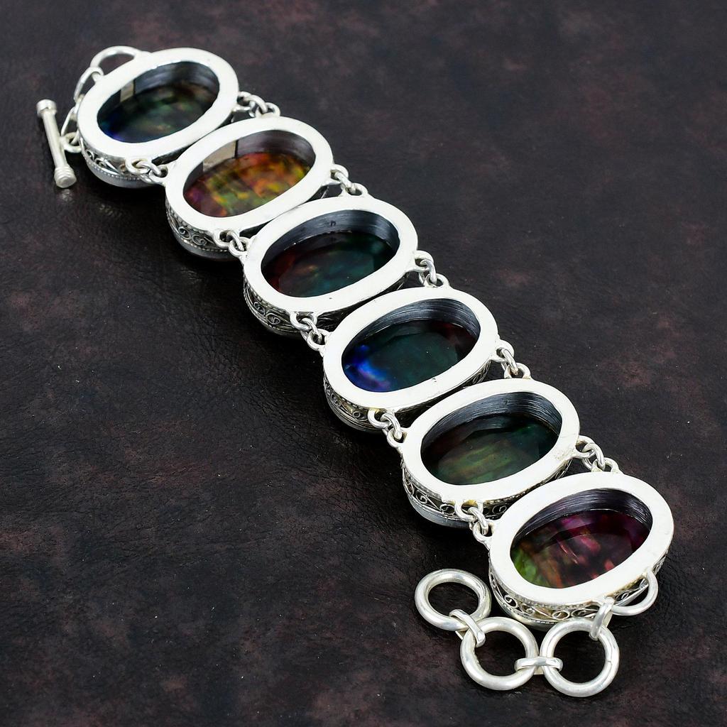 Faceted Ammolite Bracelet Gemstone Vintage Bracelet 925 Sterling Silver Bracelet Adjustable Chain Bracelet Handmade Natural Ammolite Jewelry
