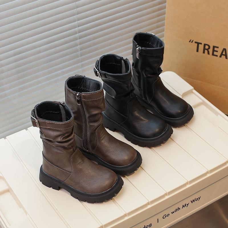 Girls Thick Heel Mid Calf Boots Fleece Lined Retro Stacked Boots