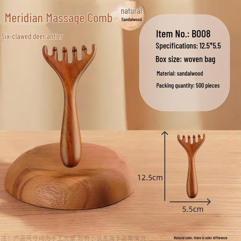 Sandalwood Five-Tooth Scalp & Gua Sha Massage Comb for Neck, Shoulder & Meridian Relief