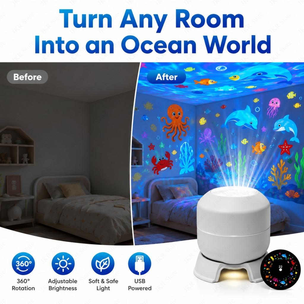 Starry Sky Projector Lamp LED Ocean Night Light USB Plug In 360 Degree Rotating Mood Light for Bedroom Kids Room Decor