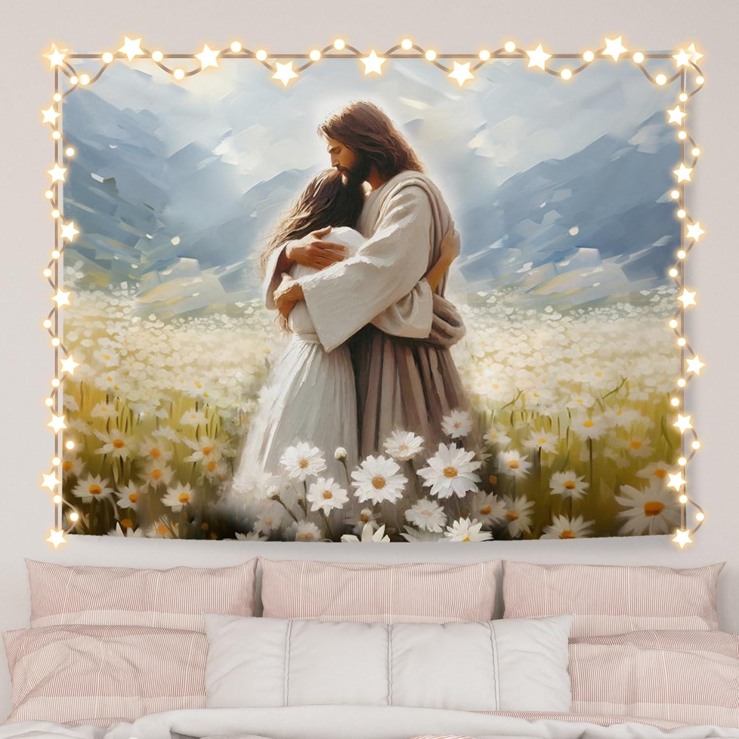 Tapestry aqyip jesus hugs woman christian daisy 75x100