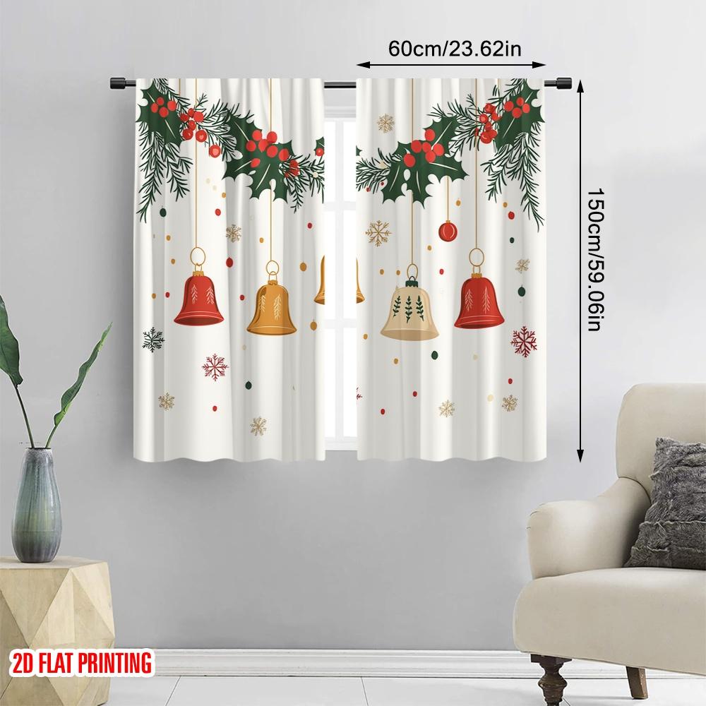 2 Stück, 2D-Flachdruck Vorhänge Digital bedruckte Weihnachtsglocken Stechpalmenbeeren (4) Polyester gewebt (ohne Stange) Festliches Ideal