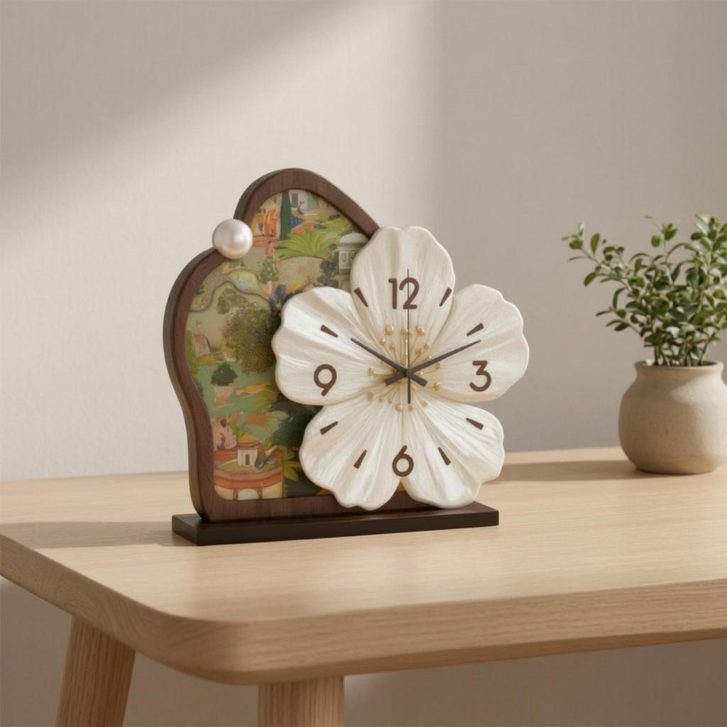 Relógio de Flores Silencioso Decorativo com Base Estilo Antigo para Escritório, Hall de Entrada