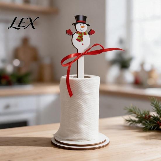 Wooden Paper Towel Dispenser Christmas Holder, 2D Roll with Snowman Kitchen Holiday Ornament Santa Patterns, Decorative Tissue Stand for Dining Table