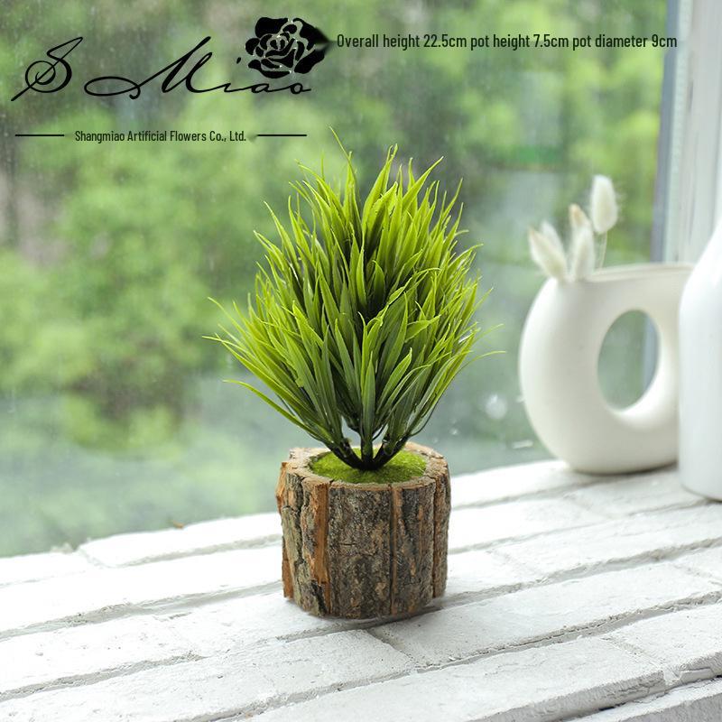 Creative Wooden Basin with Artificial Green Plant Bonsai Ornament for Display and Decoration.