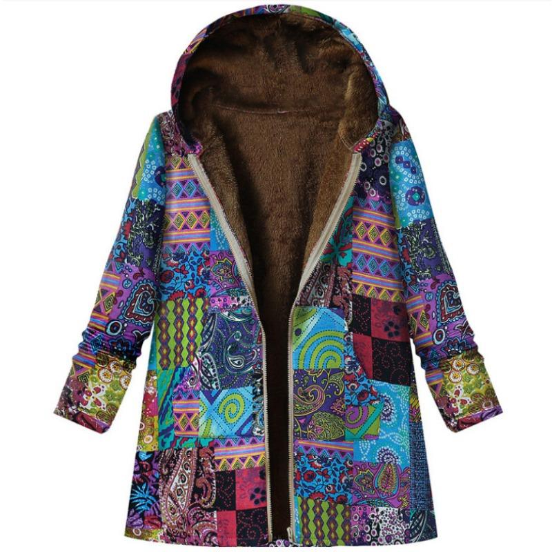 Cappotto in cotone e lino per donna, giacca con cappuccio con cerniera spessa e stampata, caldo e retrò