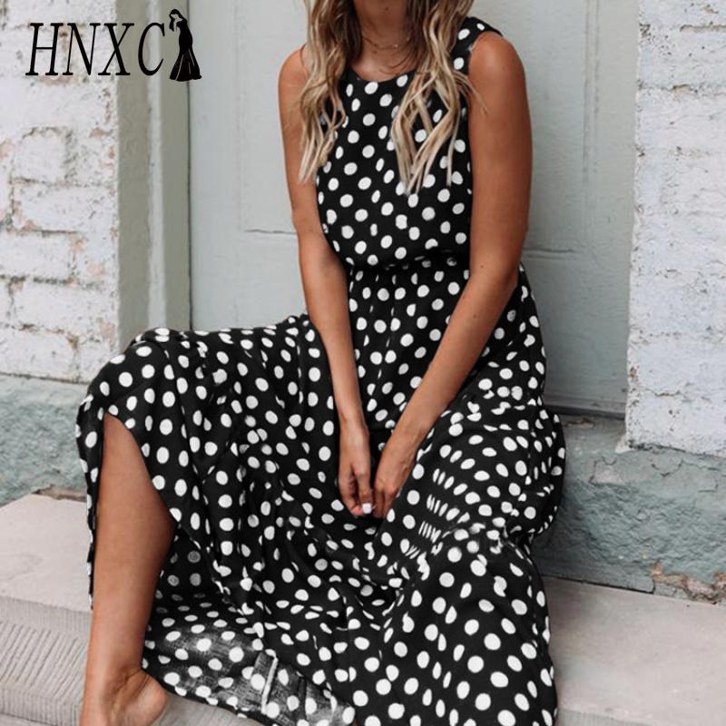 HNXC Women's Fashion Summer Spring Solid Color Print Sleeveless O-Neck High Waist Casual Dresses