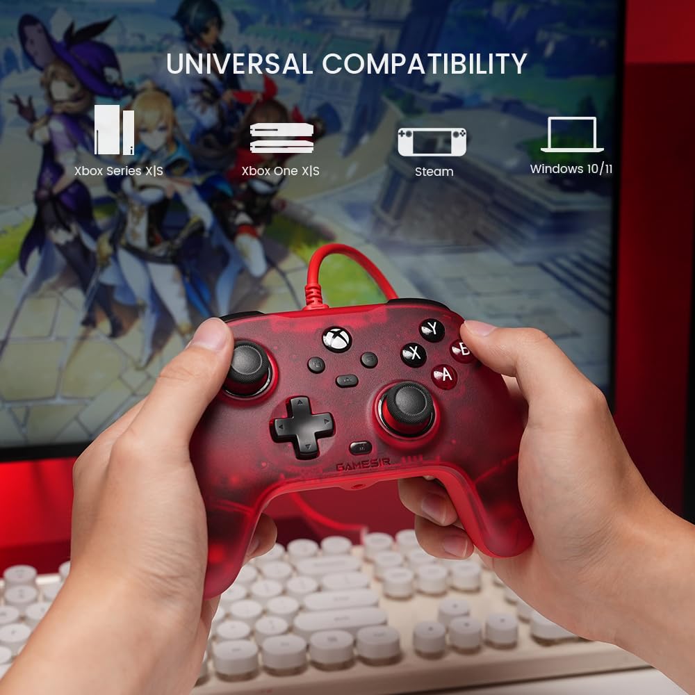 GameSir T7 vezetékes játékkontroller XBOX/PC/Steamhez, multifunkcionális gamepad Hall-effektusos stickekkel és ravaszokkal, valamint 4 vibrációs motorral (Piros)