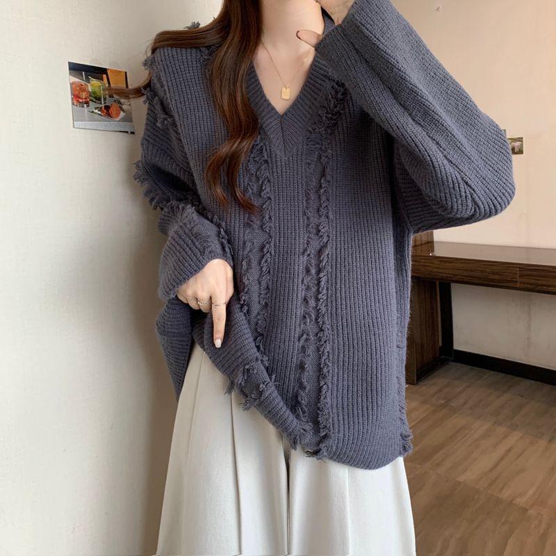 Fashion Plus Size Chubby Girl Autumn and Winter Lazy Style V Neck Pure Color Slimming Slim Fit Loose Casual Long Sleeves Knitwear Sweater