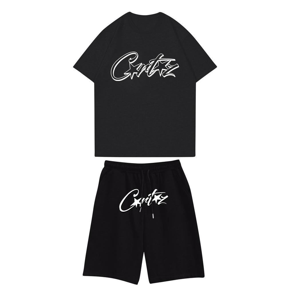 Completo da jogging unisex estivo casual stampato con scollo rotondo e maniche corte, t-shirt + pantaloncini. Tuta sportiva.