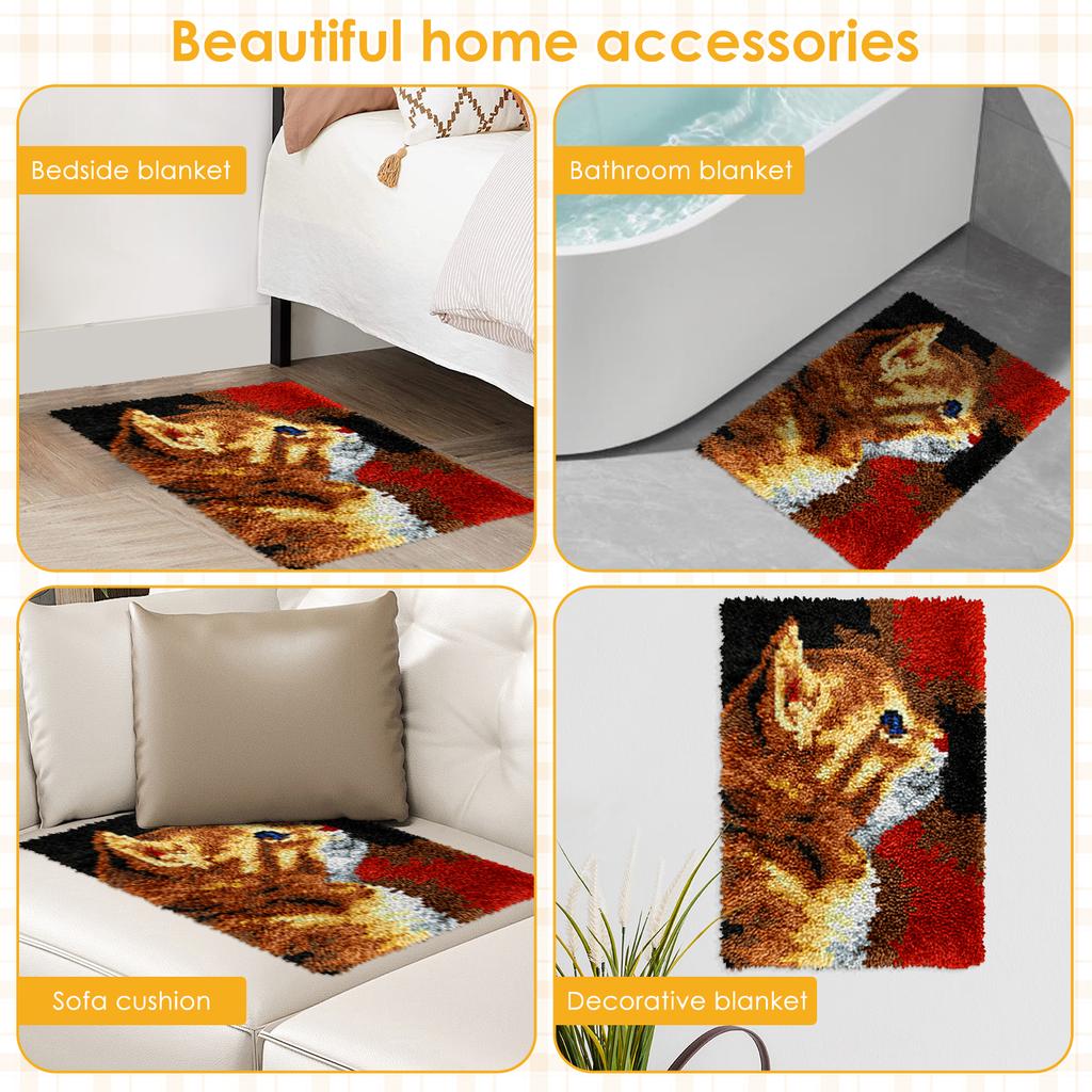 Cute Cat Style Latch Hook Rug Kit Beginners Starter DIY Pre Printed Bright Color Latch Carpet Making Tool Kit with Instructions