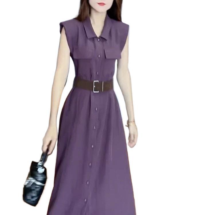 2026 Summer Women's Sleeveless Solid Color Waist-Cinched Slimming Shirt Dress with Belt - Age-Reducing Long Skirt