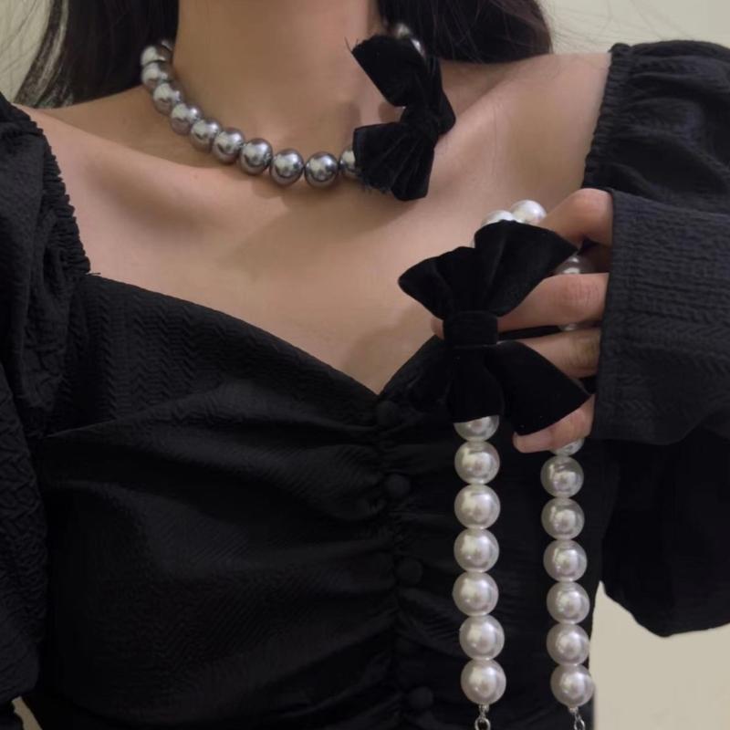 Colar Punk com Pérolas e Contas, com Pingente Larga Laço Preto, Correntes de Pescoço Góticas da Moda para Mulheres