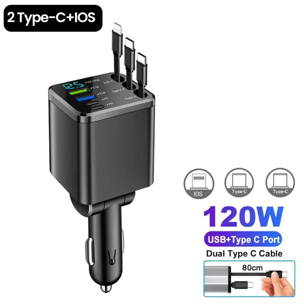 7-IN-1 Car Charger Retractable Type C Cable Fast Charge Cigarette Lighter Adapter Type C USB Charger For IPhone Huawei Samsung