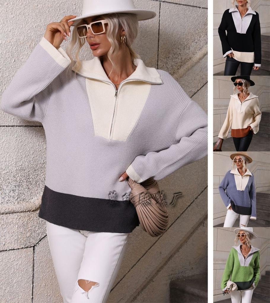 Autumn and winter pullover color matching knitting long-sleeved European and American autumn and winter knitting European and American