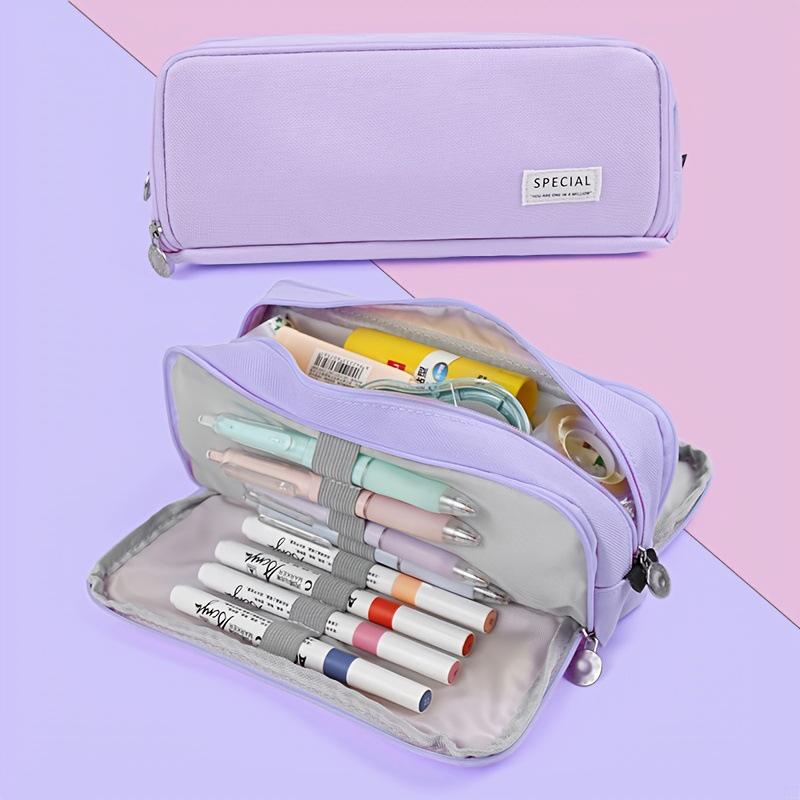 Macaron Color Double Zipper Large Capacity Pencil Bag - Dirt-Resistant Square Stationery Case for Students